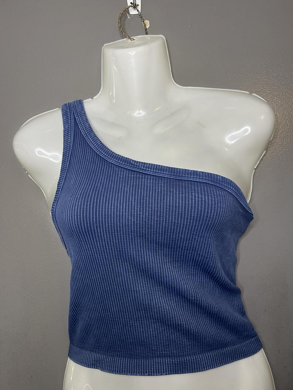 Nikibiki Tank Top Womens One Size Blue Ribbed One Shoulder Stretch Knit Summer